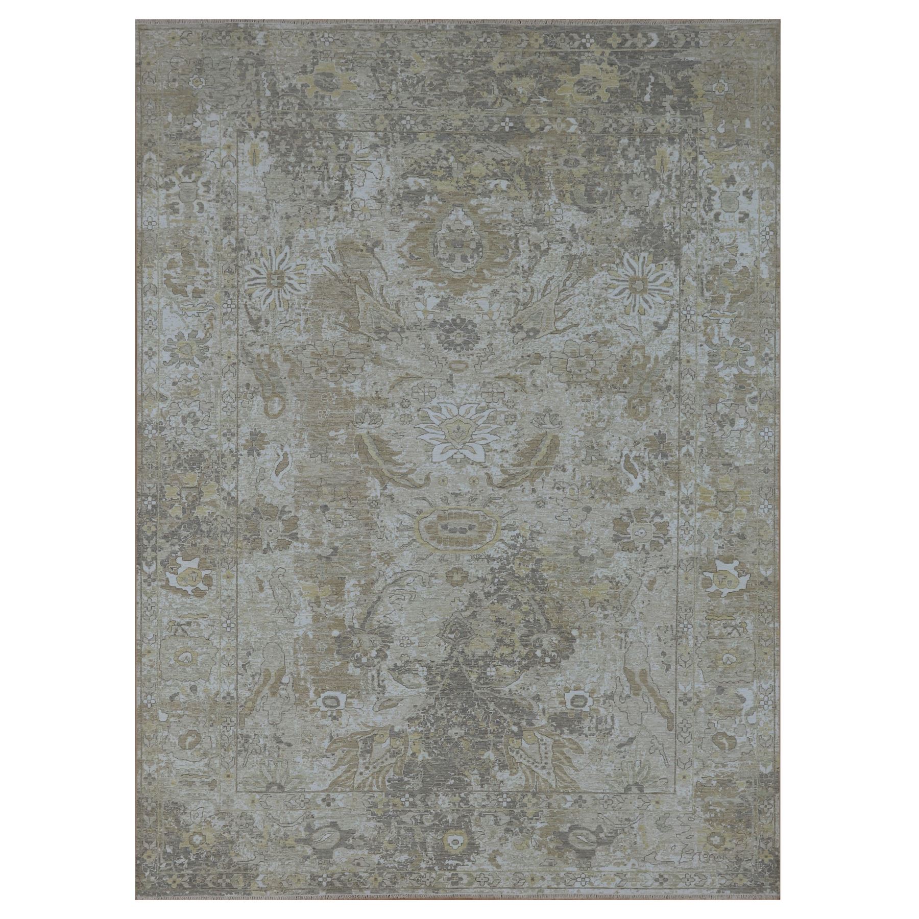 Spanish Gray with Beige, Hand Knotted, Broken and Erased Sultanabad Design, Zero Pile, 100% Wool, Oriental Rug